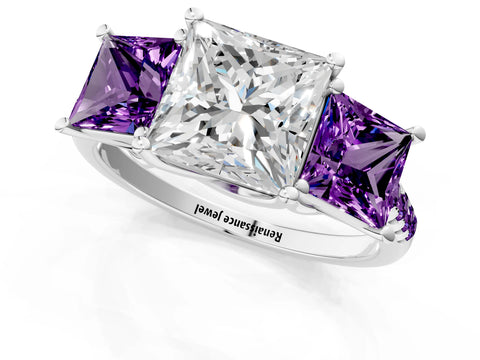 White gold Three-Stone Princess Cut Diamond Ring with Round with Amethyst side stone Pavé Band and Prong Setting_1