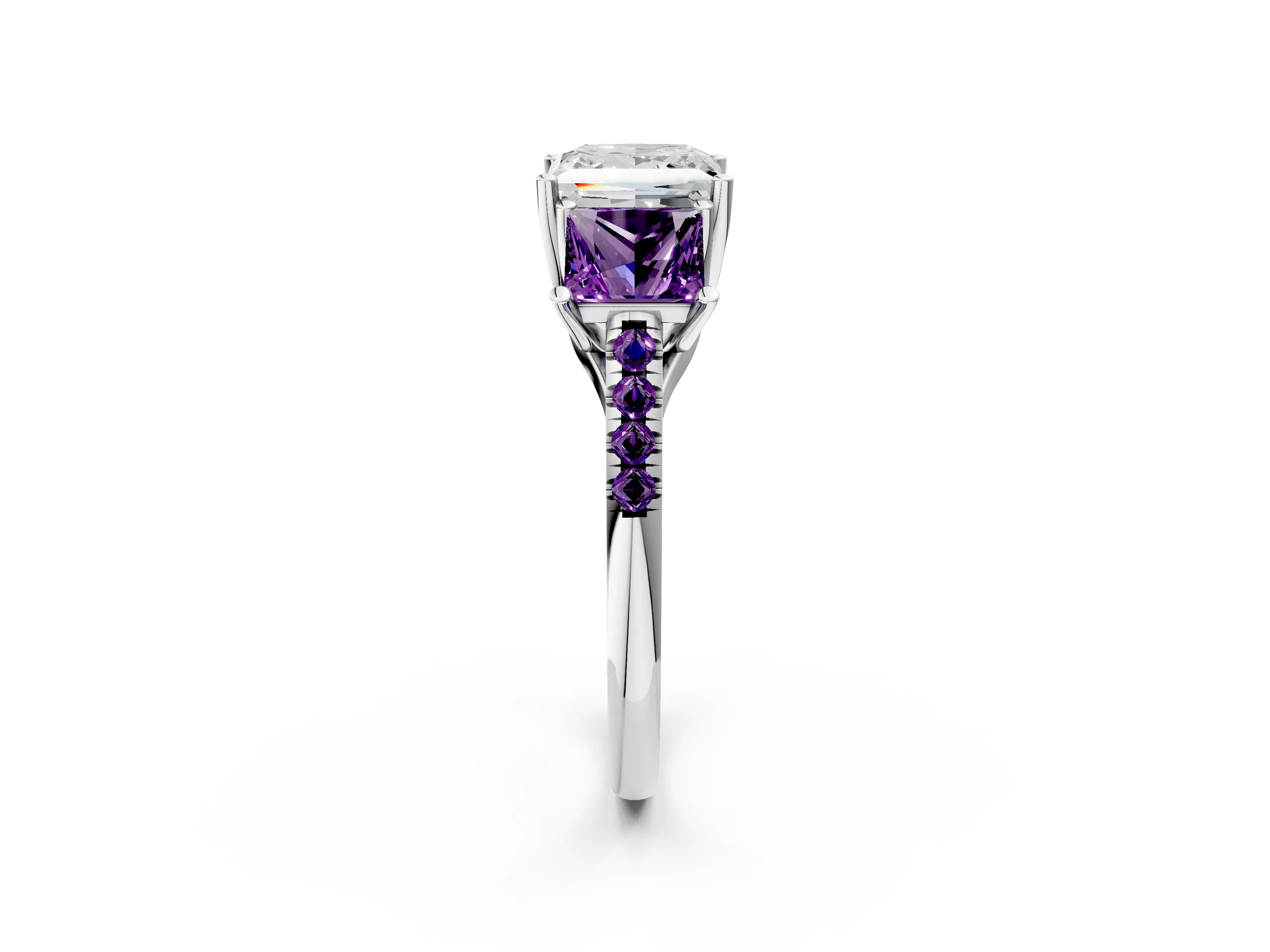 White gold Three-Stone Princess Cut Diamond Ring with Round with Amethyst side stone Pavé Band and Prong Setting_2