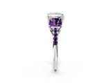 White gold Three-Stone Princess Cut Diamond Ring with Round with Amethyst side stone Pavé Band and Prong Setting_2