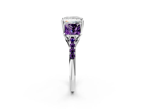 White gold Three-Stone Princess Cut Diamond Ring with Round with Amethyst side stone Pavé Band and Prong Setting_2