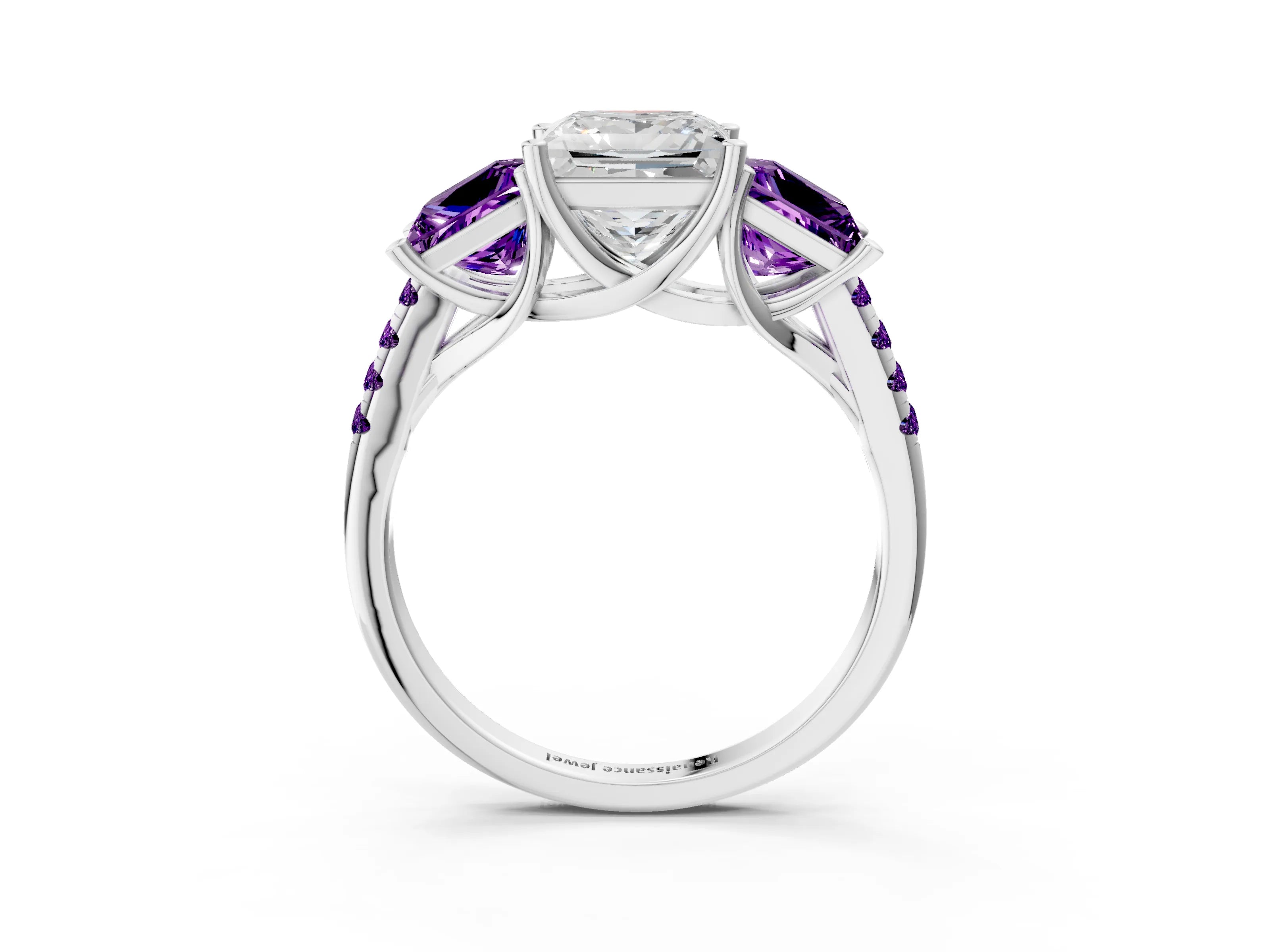 White gold Three-Stone Princess Cut Diamond Ring with Round with Amethyst side stone Pavé Band and Prong Setting_3