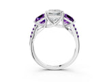 White gold Three-Stone Princess Cut Diamond Ring with Round with Amethyst side stone Pavé Band and Prong Setting_3