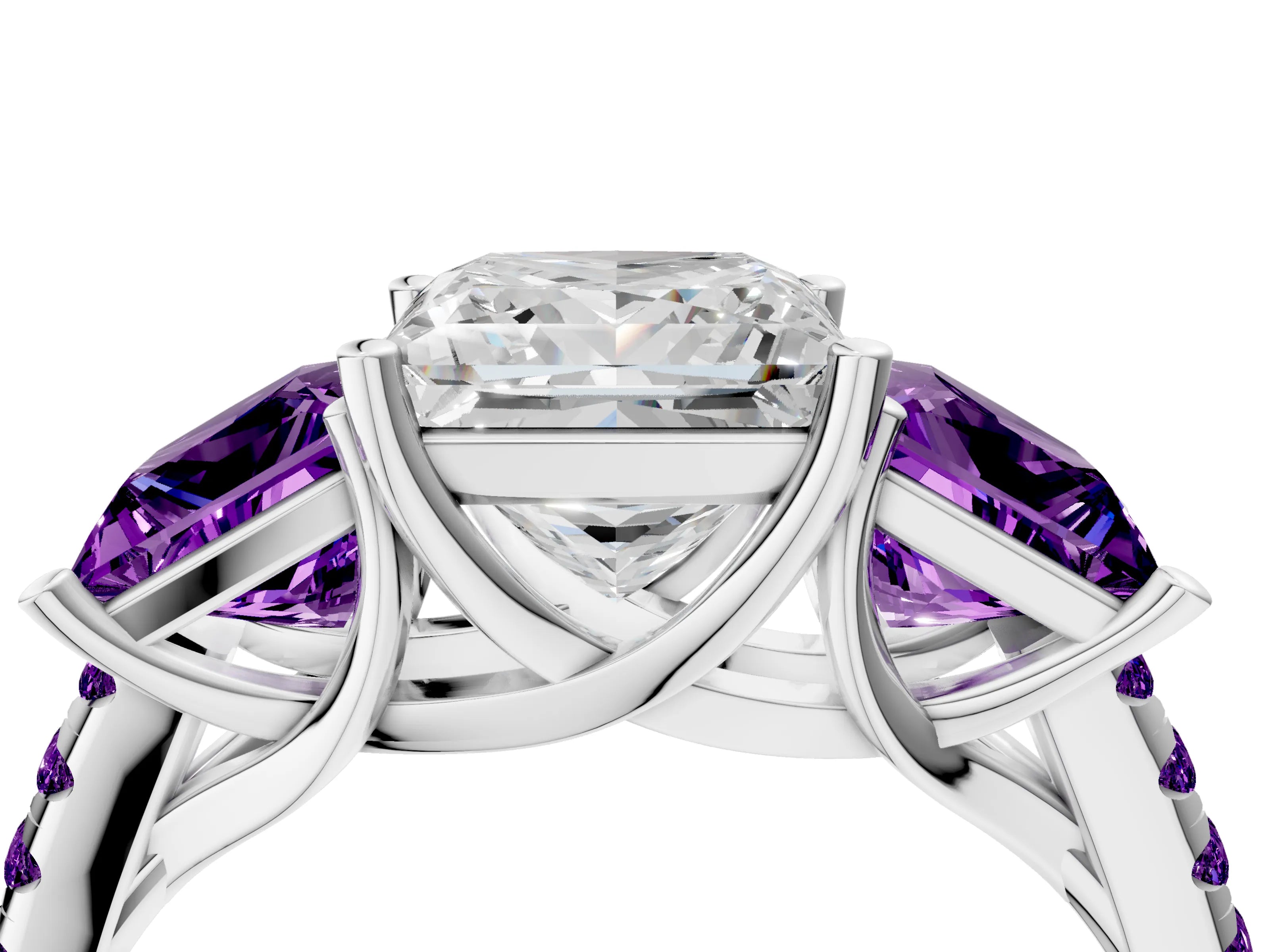 White gold Three-Stone Princess Cut Diamond Ring with Round with Amethyst side stone Pavé Band and Prong Setting_4