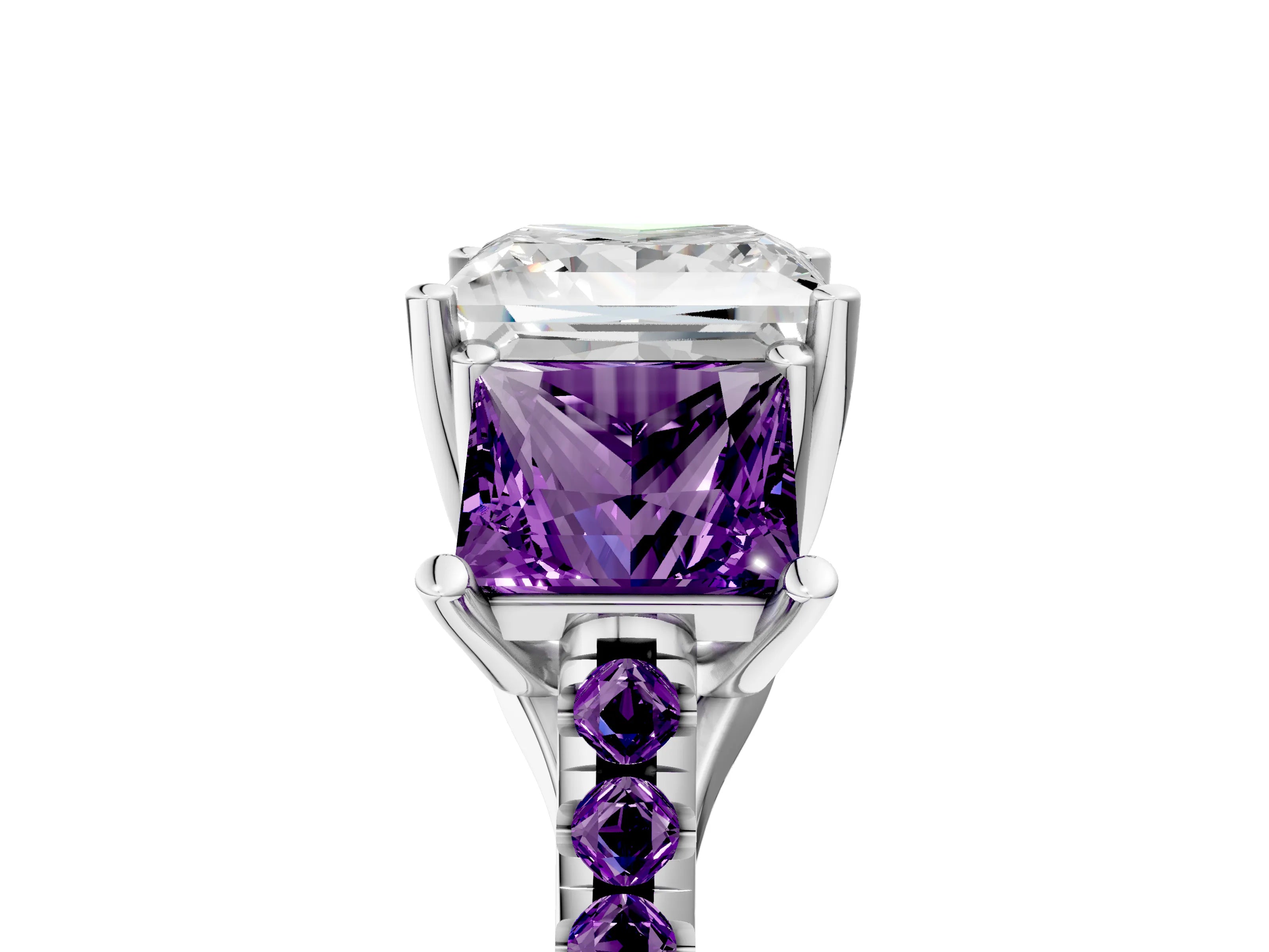 White gold Three-Stone Princess Cut Diamond Ring with Round with Amethyst side stone Pavé Band and Prong Setting_5