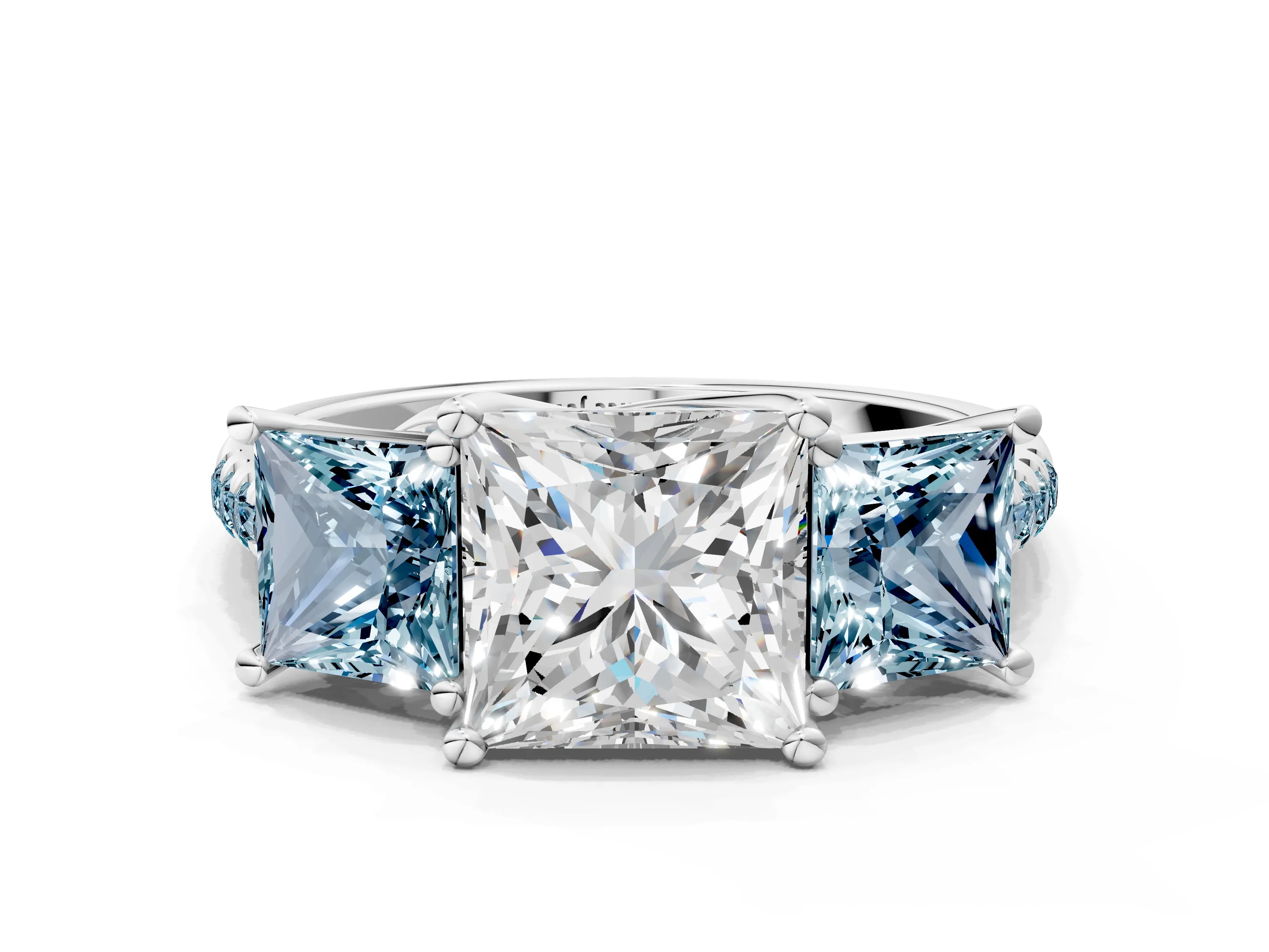 White gold Three-Stone Princess Cut Diamond Ring with Round with Aquamarine side stone Pavé Band and Prong Setting_12