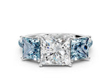 White gold Three-Stone Princess Cut Diamond Ring with Round with Aquamarine side stone Pavé Band and Prong Setting_12