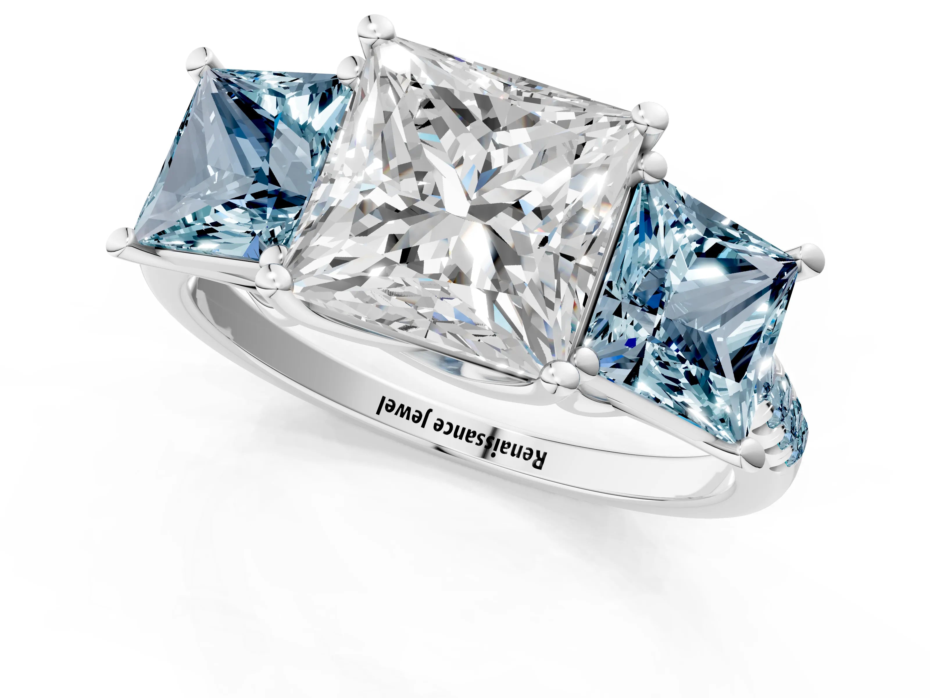 White gold Three-Stone Princess Cut Diamond Ring with Round with Aquamarine side stone Pavé Band and Prong Setting_13