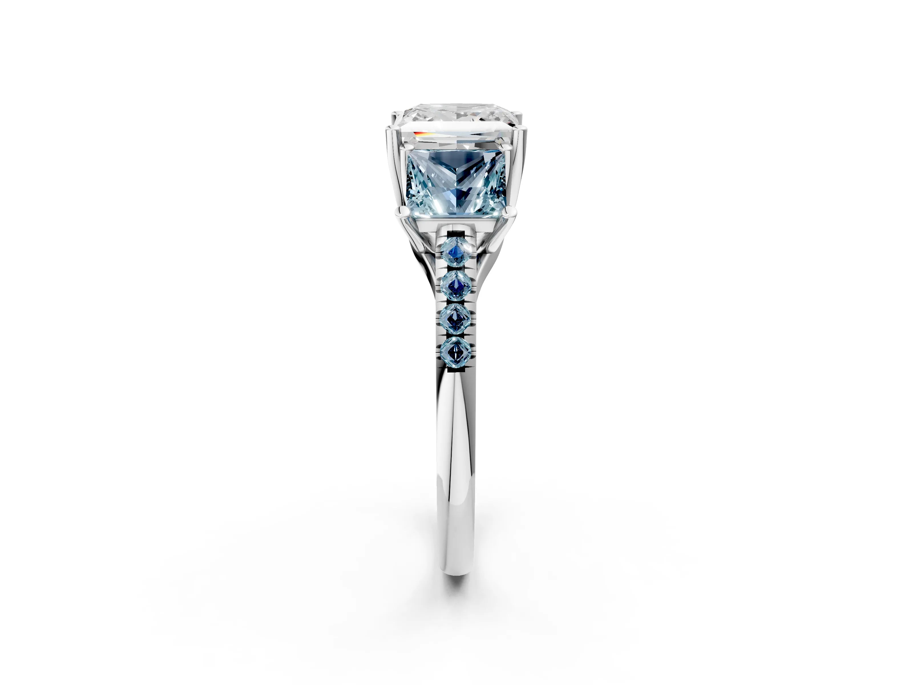 White gold Three-Stone Princess Cut Diamond Ring with Round with Aquamarine side stone Pavé Band and Prong Setting_14