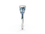 White gold Three-Stone Princess Cut Diamond Ring with Round with Aquamarine side stone Pavé Band and Prong Setting_14