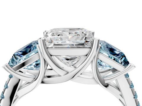 White gold Three-Stone Princess Cut Diamond Ring with Round with Aquamarine side stone Pavé Band and Prong Setting_16