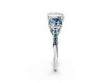 White gold Three-Stone Princess Cut Diamond Ring with Round with Aquamarine side stone Pavé Band and Prong Setting_2