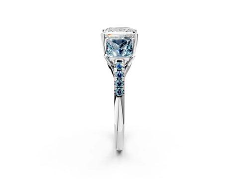 White gold Three-Stone Princess Cut Diamond Ring with Round with Aquamarine side stone Pavé Band and Prong Setting_2