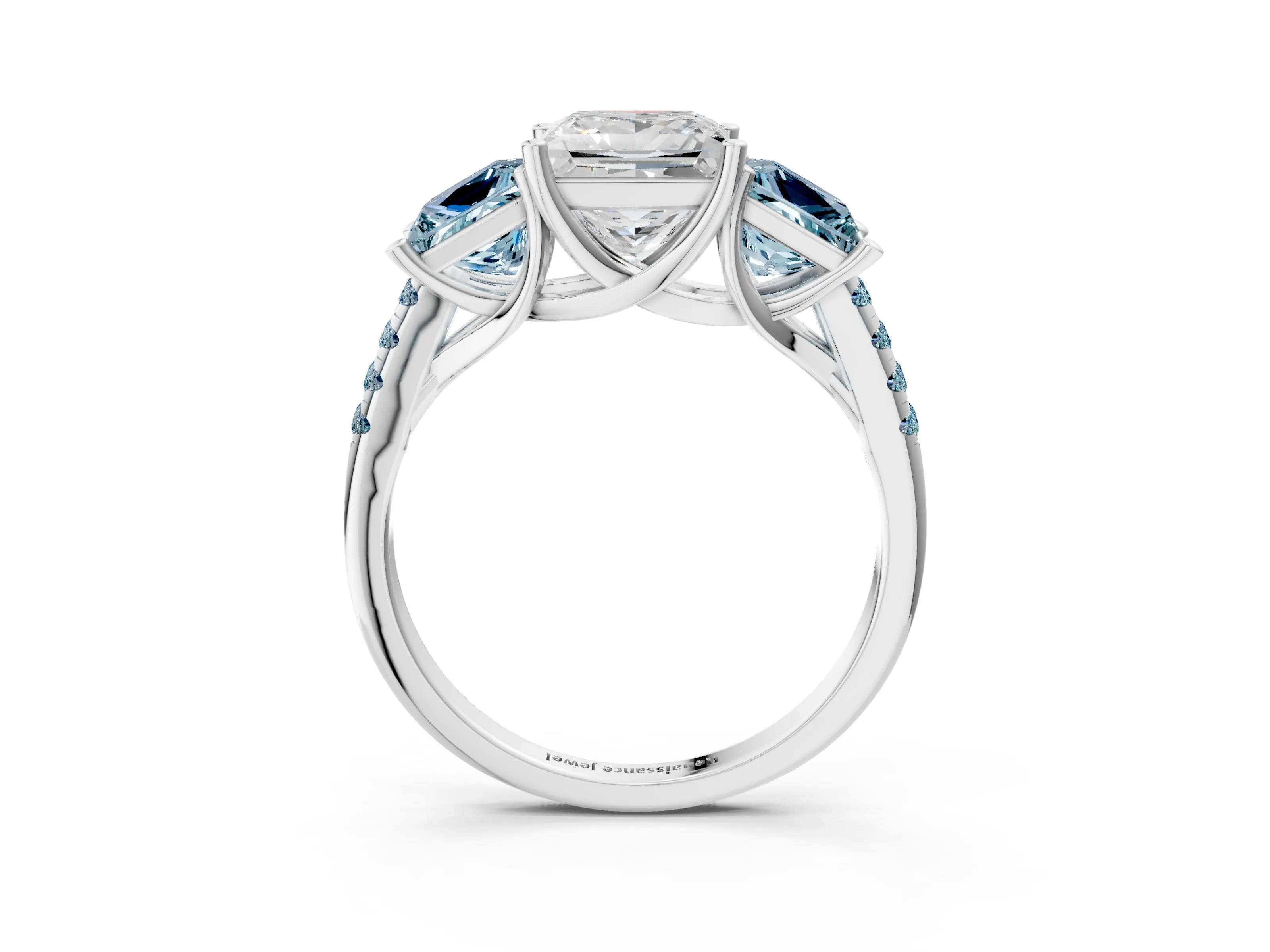 White gold Three-Stone Princess Cut Diamond Ring with Round with Aquamarine side stone Pavé Band and Prong Setting_3