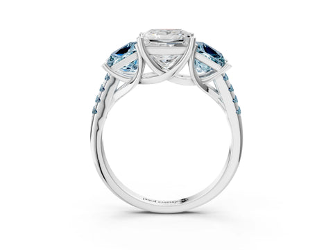White gold Three-Stone Princess Cut Diamond Ring with Round with Aquamarine side stone Pavé Band and Prong Setting_3