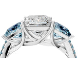 White gold Three-Stone Princess Cut Diamond Ring with Round with Aquamarine side stone Pavé Band and Prong Setting_4
