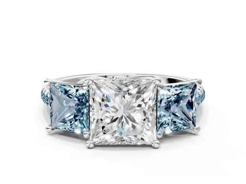 White gold Three-Stone Princess Cut Diamond Ring with Round with Aquamarine side stone Pavé Band and Prong Setting