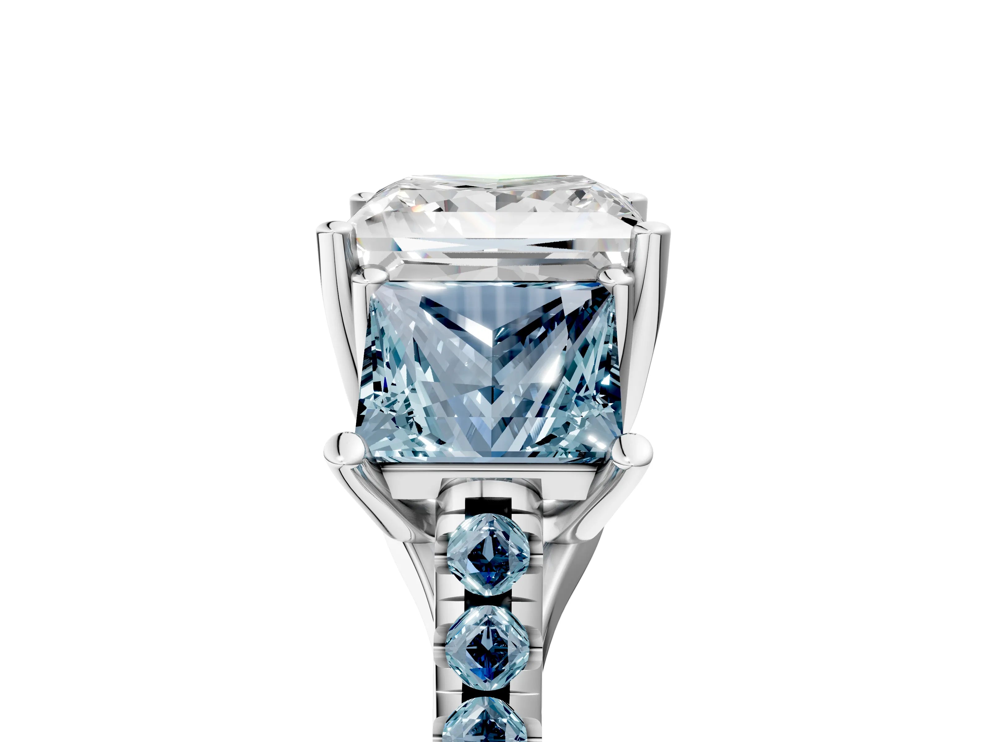 White gold Three-Stone Princess Cut Diamond Ring with Round with Aquamarine side stone Pavé Band and Prong Setting_5