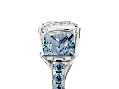 White gold Three-Stone Princess Cut Diamond Ring with Round with Aquamarine side stone Pavé Band and Prong Setting_5