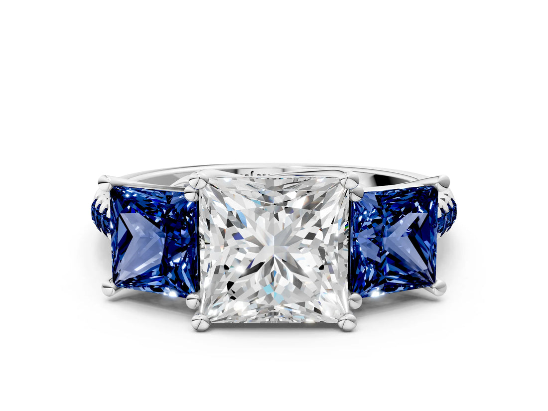 White gold Three-Stone Princess Cut Diamond Ring with Round with Blue Sapphire side stone Pavé Band and Prong Setting_12