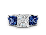 White gold Three-Stone Princess Cut Diamond Ring with Round with Blue Sapphire side stone Pavé Band and Prong Setting_12