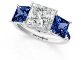 White gold Three-Stone Princess Cut Diamond Ring with Round with Blue Sapphire side stone Pavé Band and Prong Setting_13