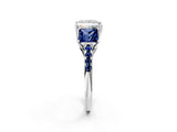 White gold Three-Stone Princess Cut Diamond Ring with Round with Blue Sapphire side stone Pavé Band and Prong Setting_2