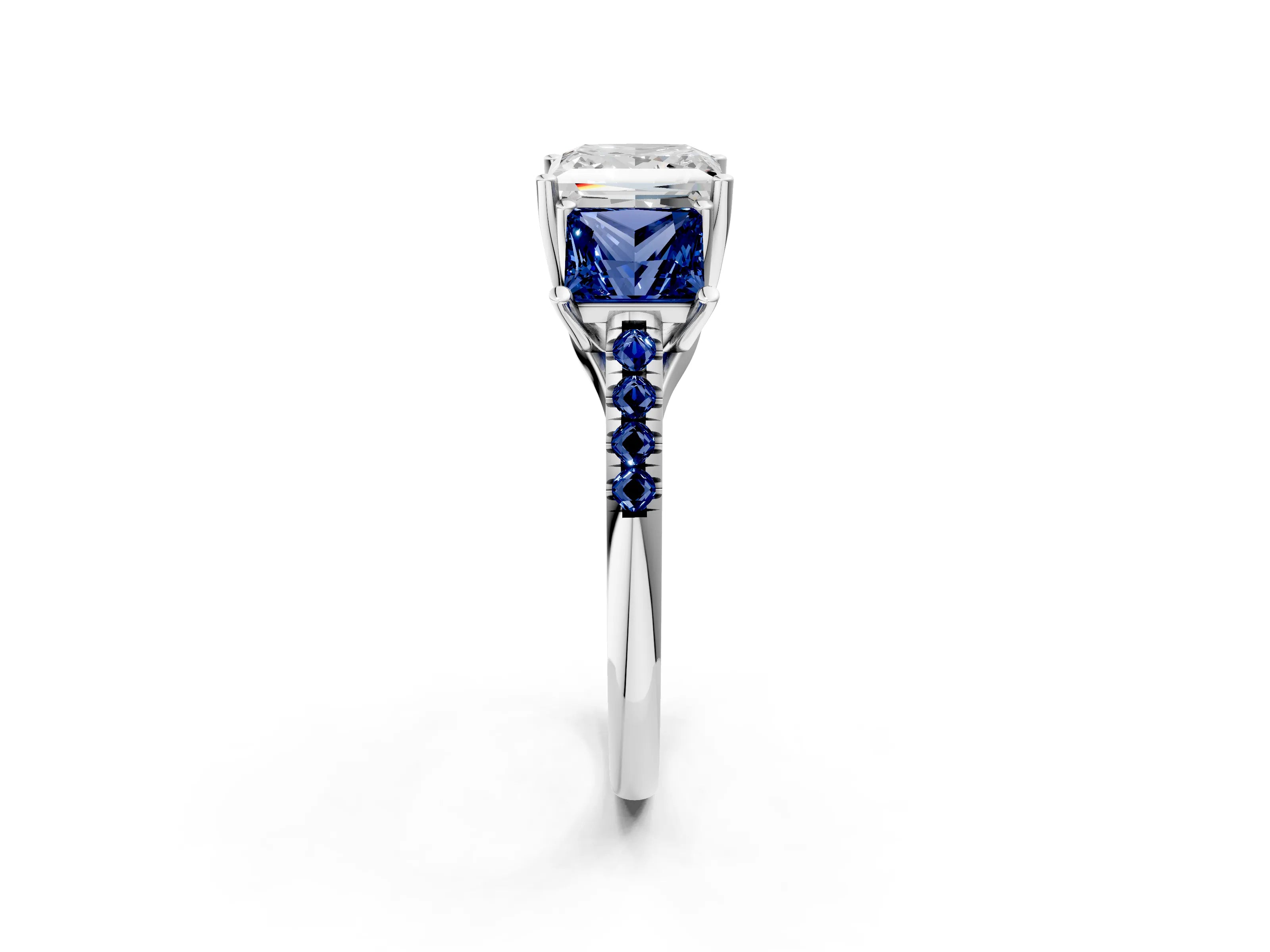 White gold Three-Stone Princess Cut Diamond Ring with Round with Blue Sapphire side stone Pavé Band and Prong Setting_2