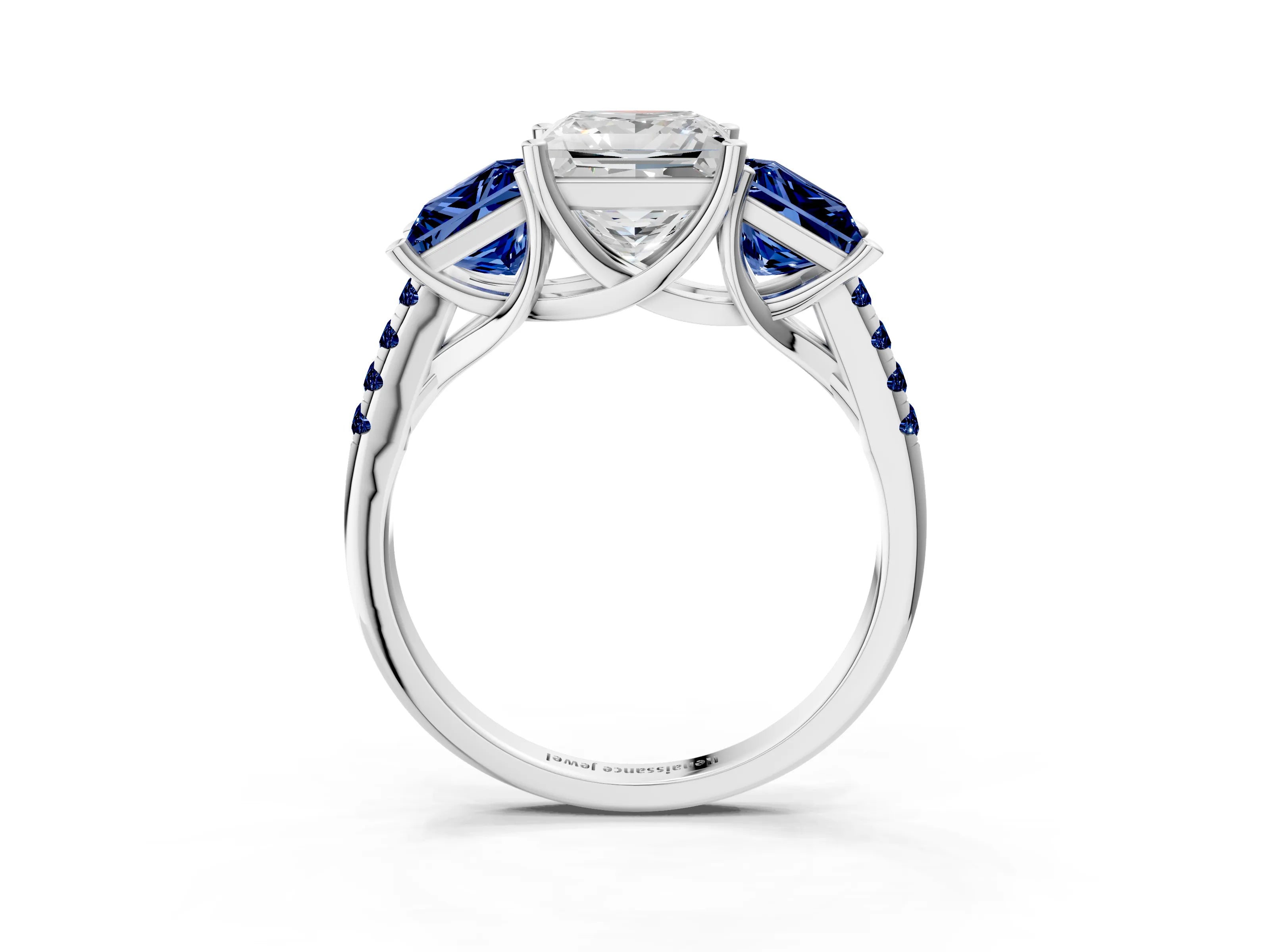 White gold Three-Stone Princess Cut Diamond Ring with Round with Blue Sapphire side stone Pavé Band and Prong Setting_3