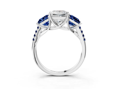 White gold Three-Stone Princess Cut Diamond Ring with Round with Blue Sapphire side stone Pavé Band and Prong Setting_3
