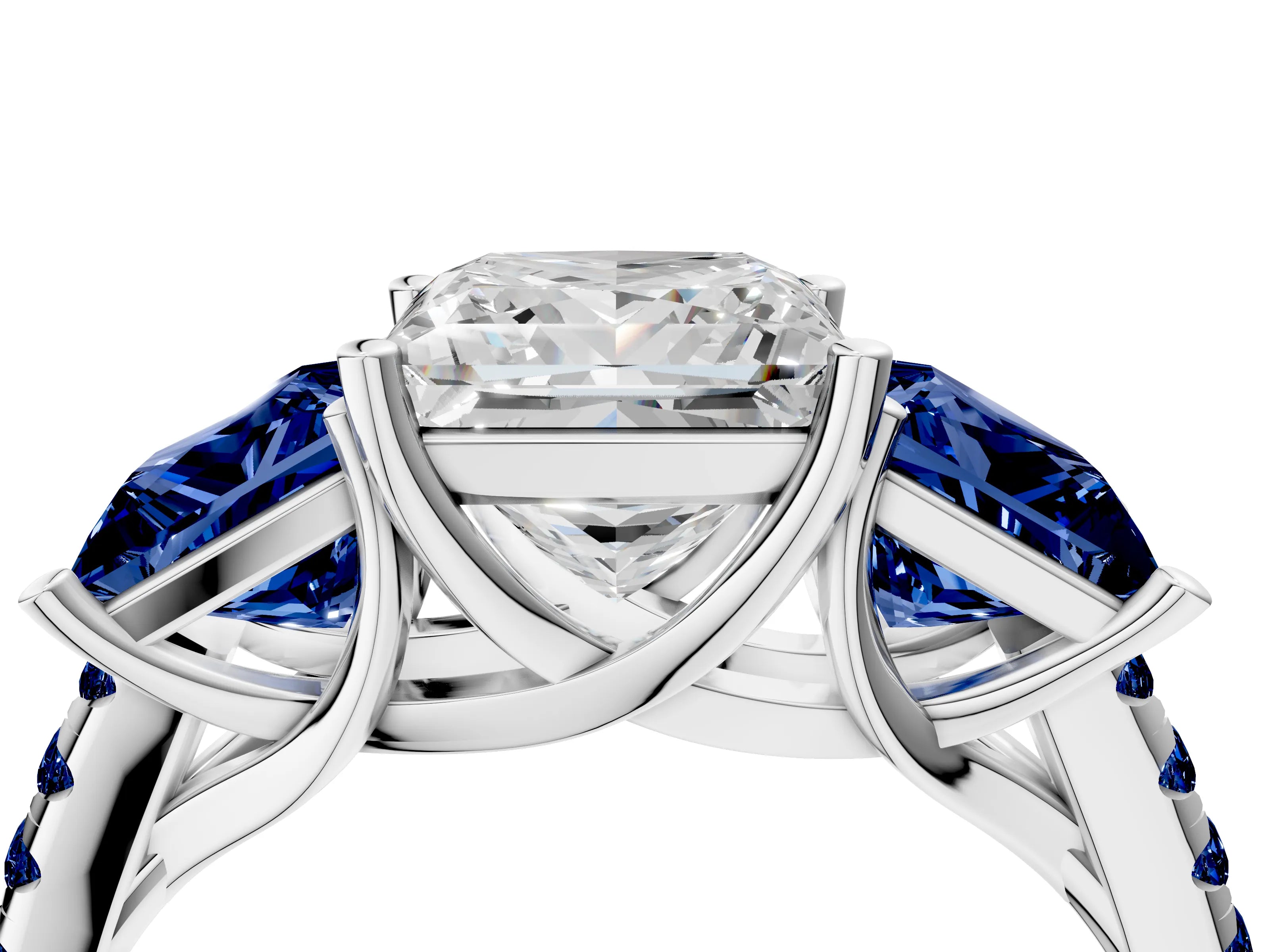 White gold Three-Stone Princess Cut Diamond Ring with Round with Blue Sapphire side stone Pavé Band and Prong Setting_4