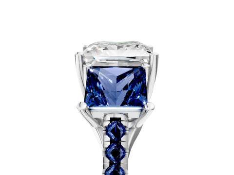 White gold Three-Stone Princess Cut Diamond Ring with Round with Blue Sapphire side stone Pavé Band and Prong Setting_5