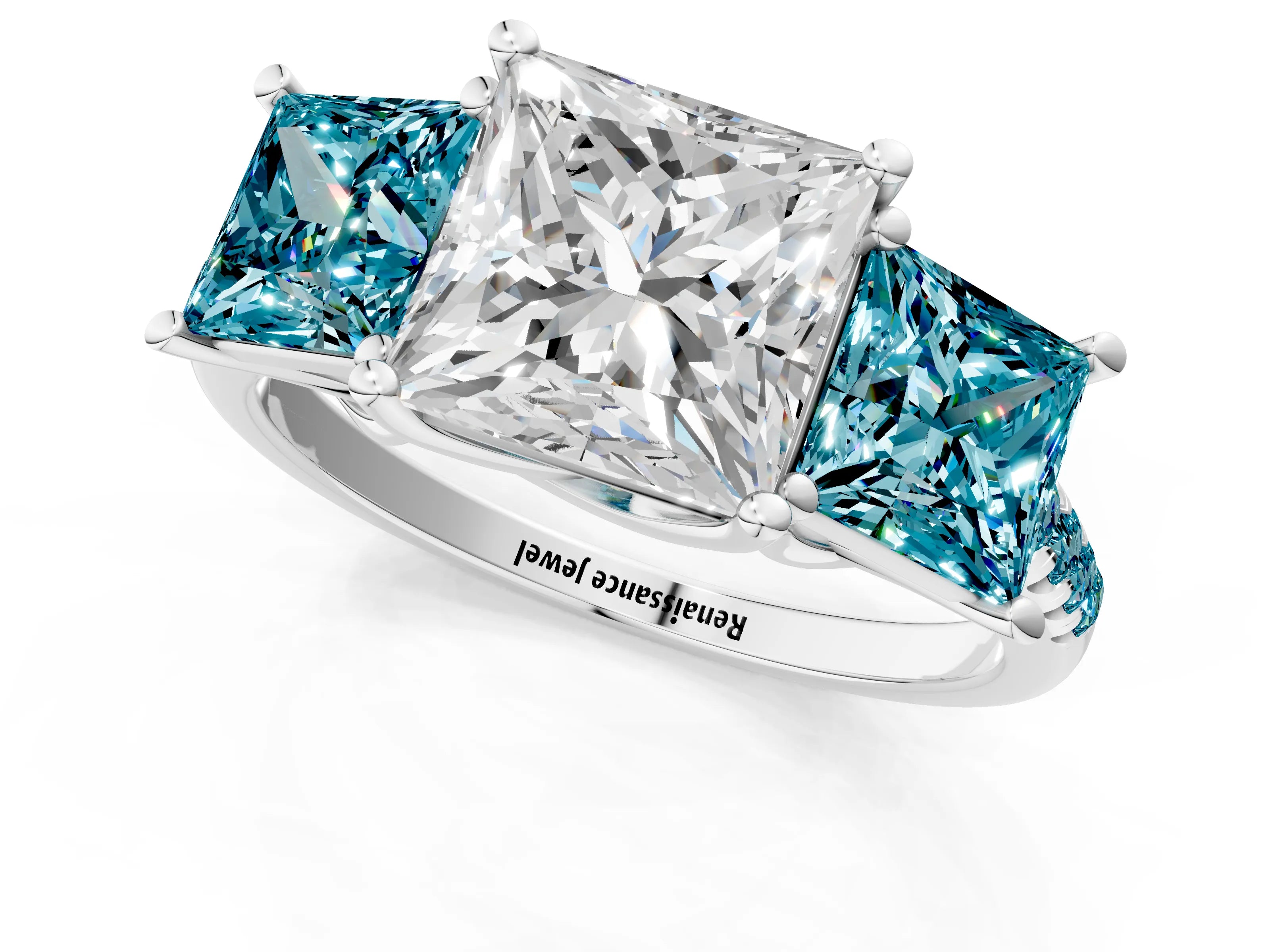 White gold Three-Stone Princess Cut Diamond Ring with Round with Blue Topaz side stone Pavé Band and Prong Setting_1
