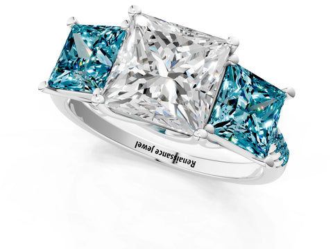 White gold Three-Stone Princess Cut Diamond Ring with Round with Blue Topaz side stone Pavé Band and Prong Setting_1