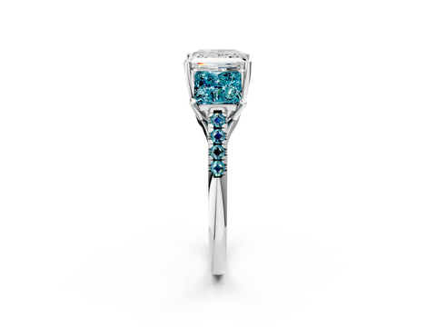 White gold Three-Stone Princess Cut Diamond Ring with Round with Blue Topaz side stone Pavé Band and Prong Setting_2