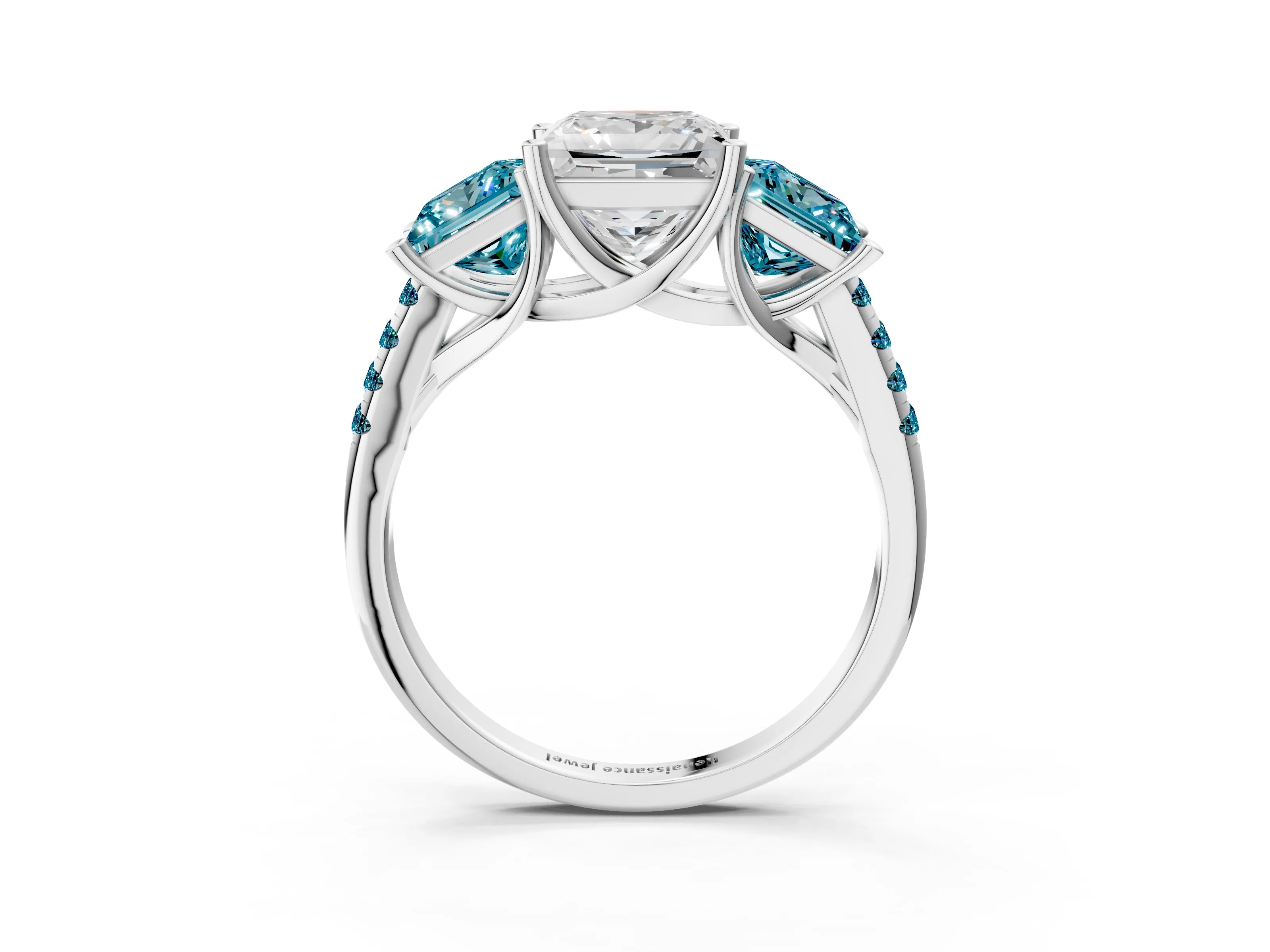 White gold Three-Stone Princess Cut Diamond Ring with Round with Blue Topaz side stone Pavé Band and Prong Setting_3