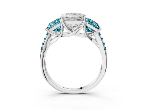 White gold Three-Stone Princess Cut Diamond Ring with Round with Blue Topaz side stone Pavé Band and Prong Setting_3