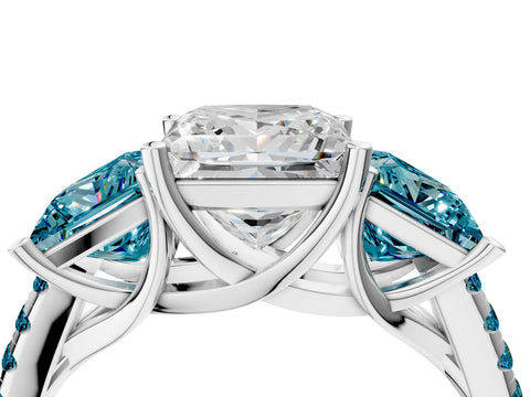 White gold Three-Stone Princess Cut Diamond Ring with Round with Blue Topaz side stone Pavé Band and Prong Setting_4