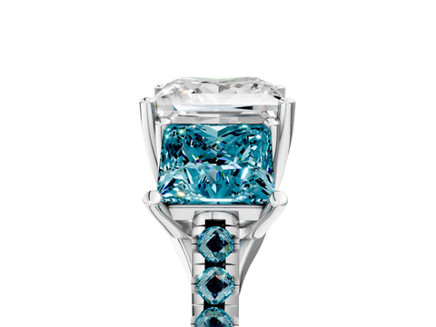 White gold Three-Stone Princess Cut Diamond Ring with Round with Blue Topaz side stone Pavé Band and Prong Setting_5