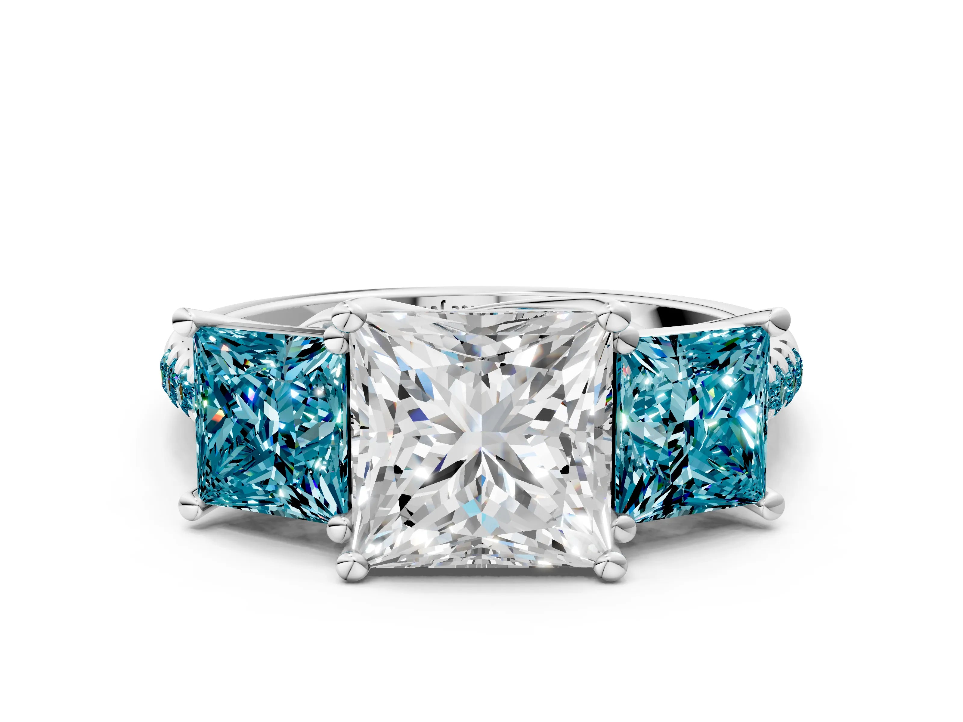 White gold Three-Stone Princess Cut Diamond Ring with Round with Blue Topaz side stone Pavé Band and Prong Setting