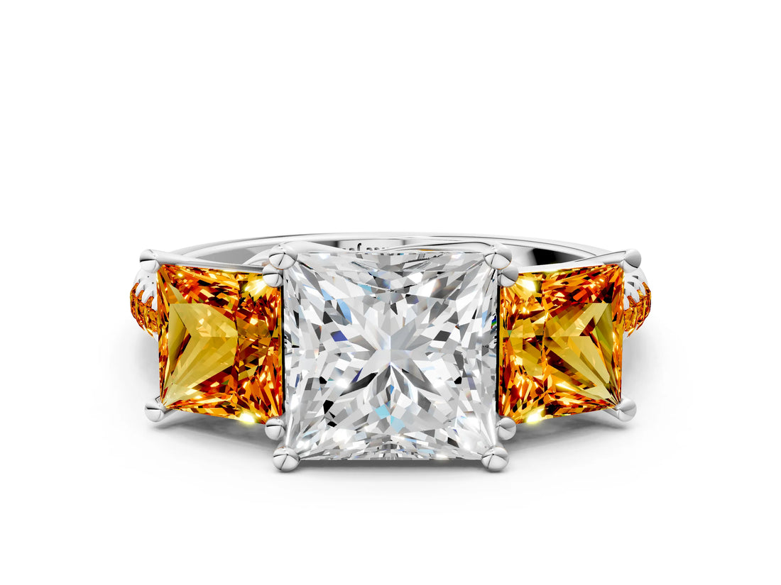 White gold Three-Stone Princess Cut Diamond Ring with Round with Citrine side stone Pavé Band and Prong Setting_12
