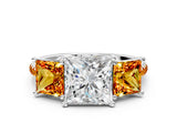 White gold Three-Stone Princess Cut Diamond Ring with Round with Citrine side stone Pavé Band and Prong Setting_12