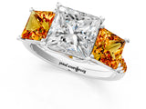 White gold Three-Stone Princess Cut Diamond Ring with Round with Citrine side stone Pavé Band and Prong Setting_13