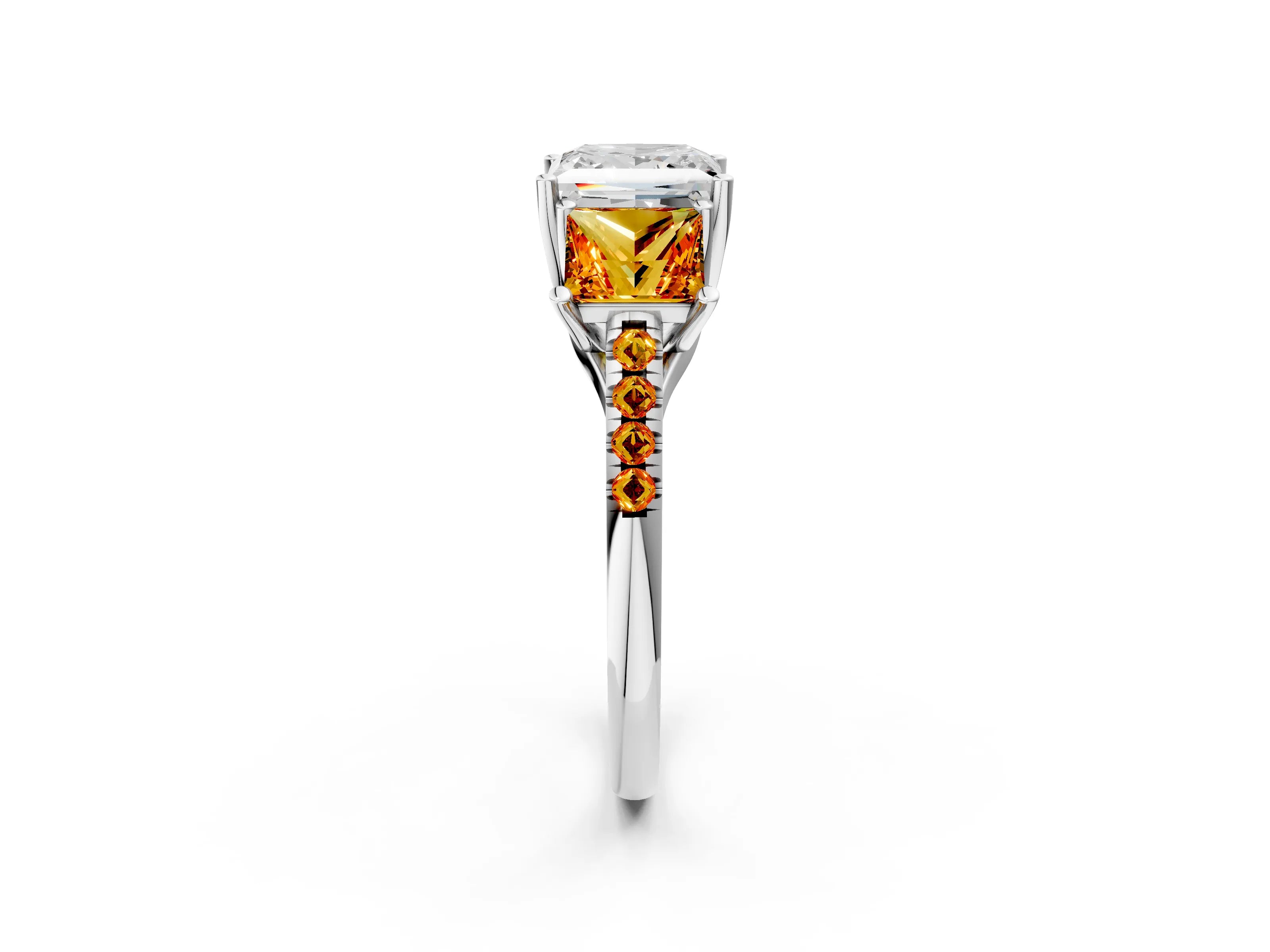 White gold Three-Stone Princess Cut Diamond Ring with Round with Citrine side stone Pavé Band and Prong Setting_2
