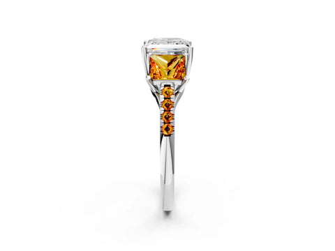 White gold Three-Stone Princess Cut Diamond Ring with Round with Citrine side stone Pavé Band and Prong Setting_2