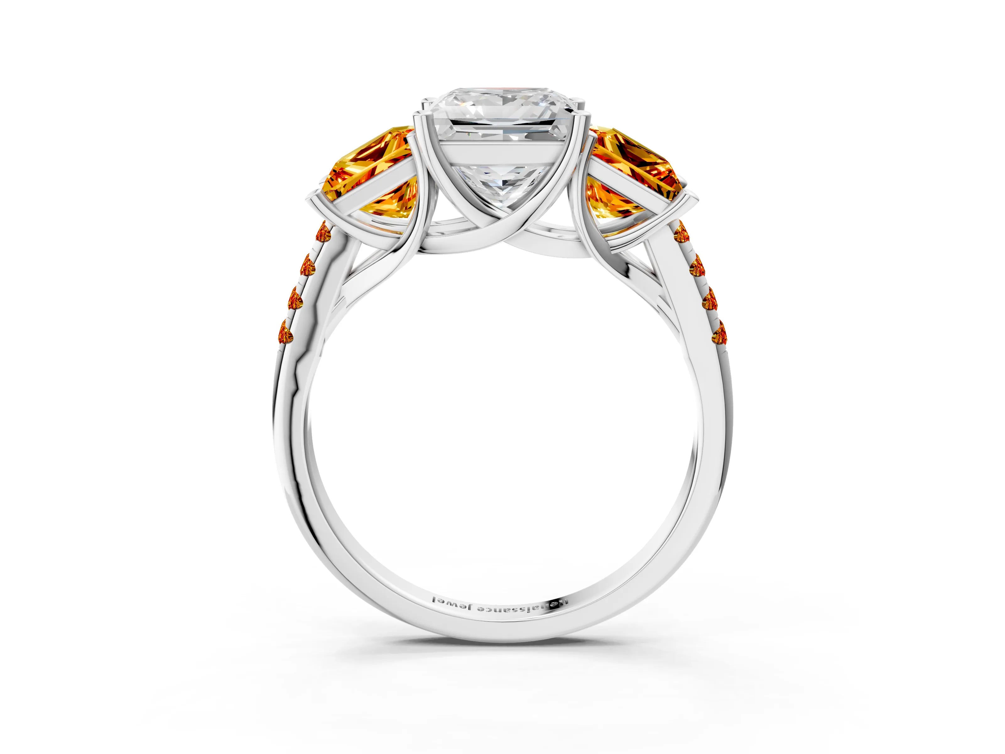 White gold Three-Stone Princess Cut Diamond Ring with Round with Citrine side stone Pavé Band and Prong Setting_3