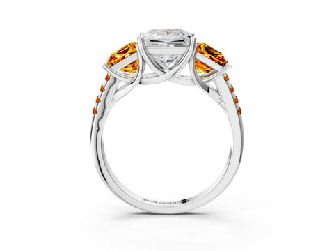White gold Three-Stone Princess Cut Diamond Ring with Round with Citrine side stone Pavé Band and Prong Setting_3