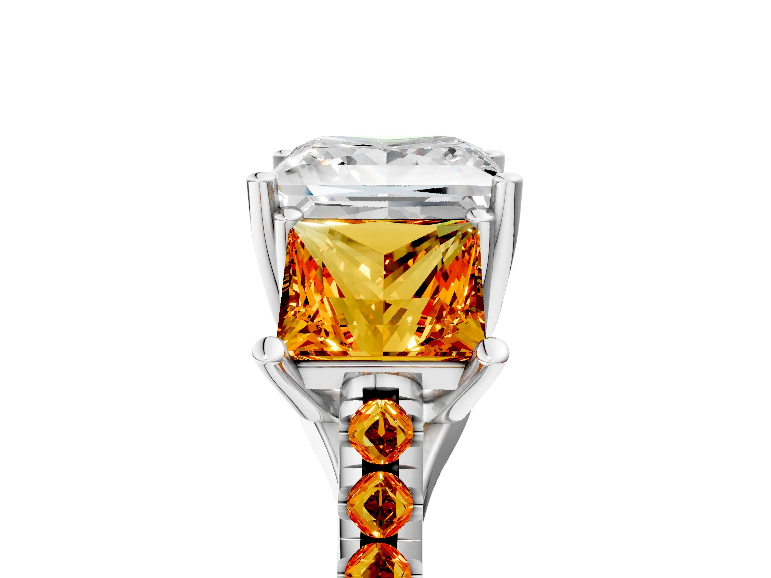 White gold Three-Stone Princess Cut Diamond Ring with Round with Citrine side stone Pavé Band and Prong Setting_5