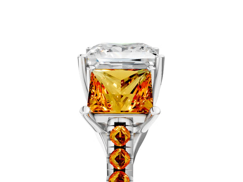 White gold Three-Stone Princess Cut Diamond Ring with Round with Citrine side stone Pavé Band and Prong Setting_5