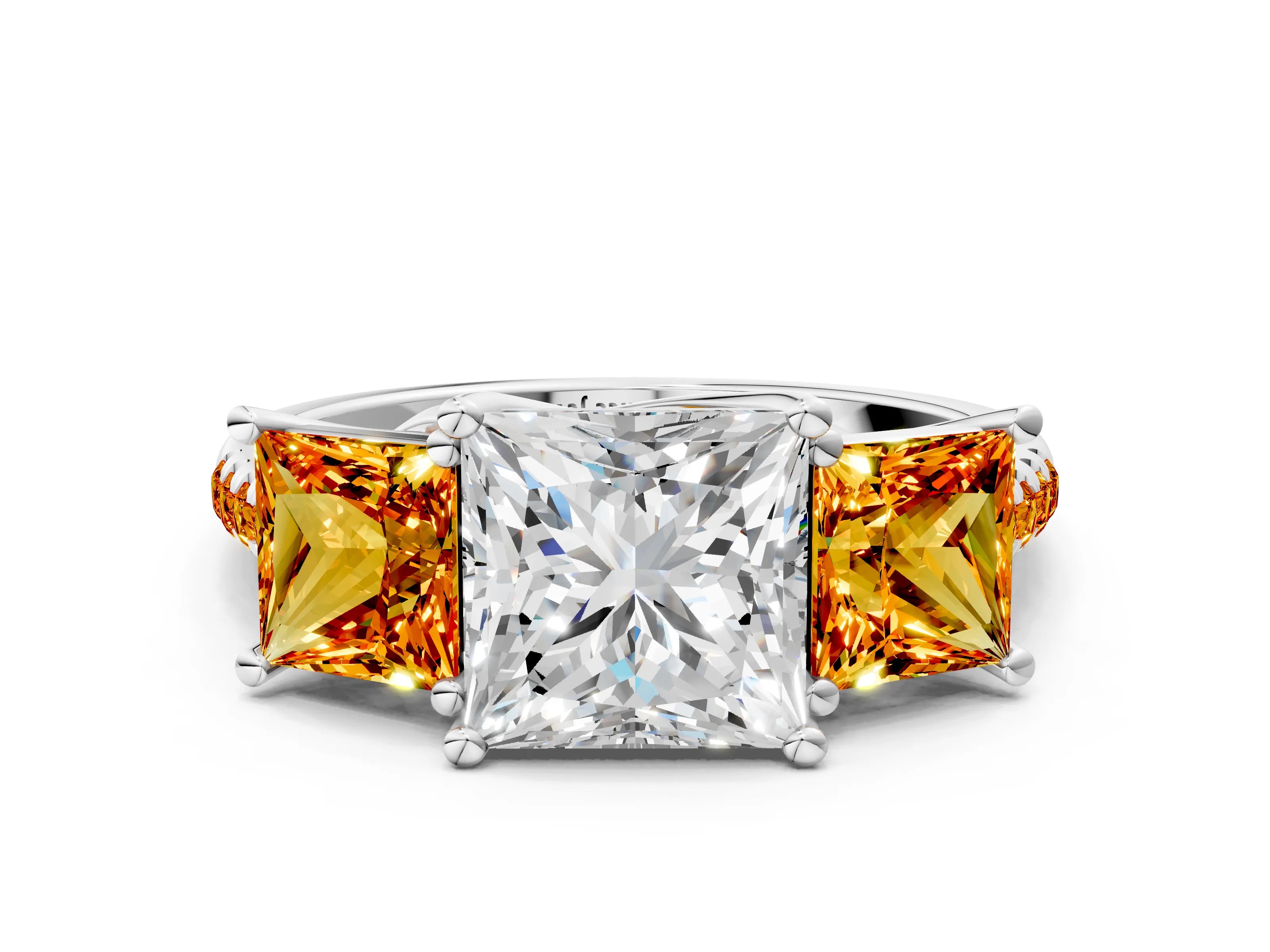 White gold Three-Stone Princess Cut Diamond Ring with Round with Citrine side stone Pavé Band and Prong Setting