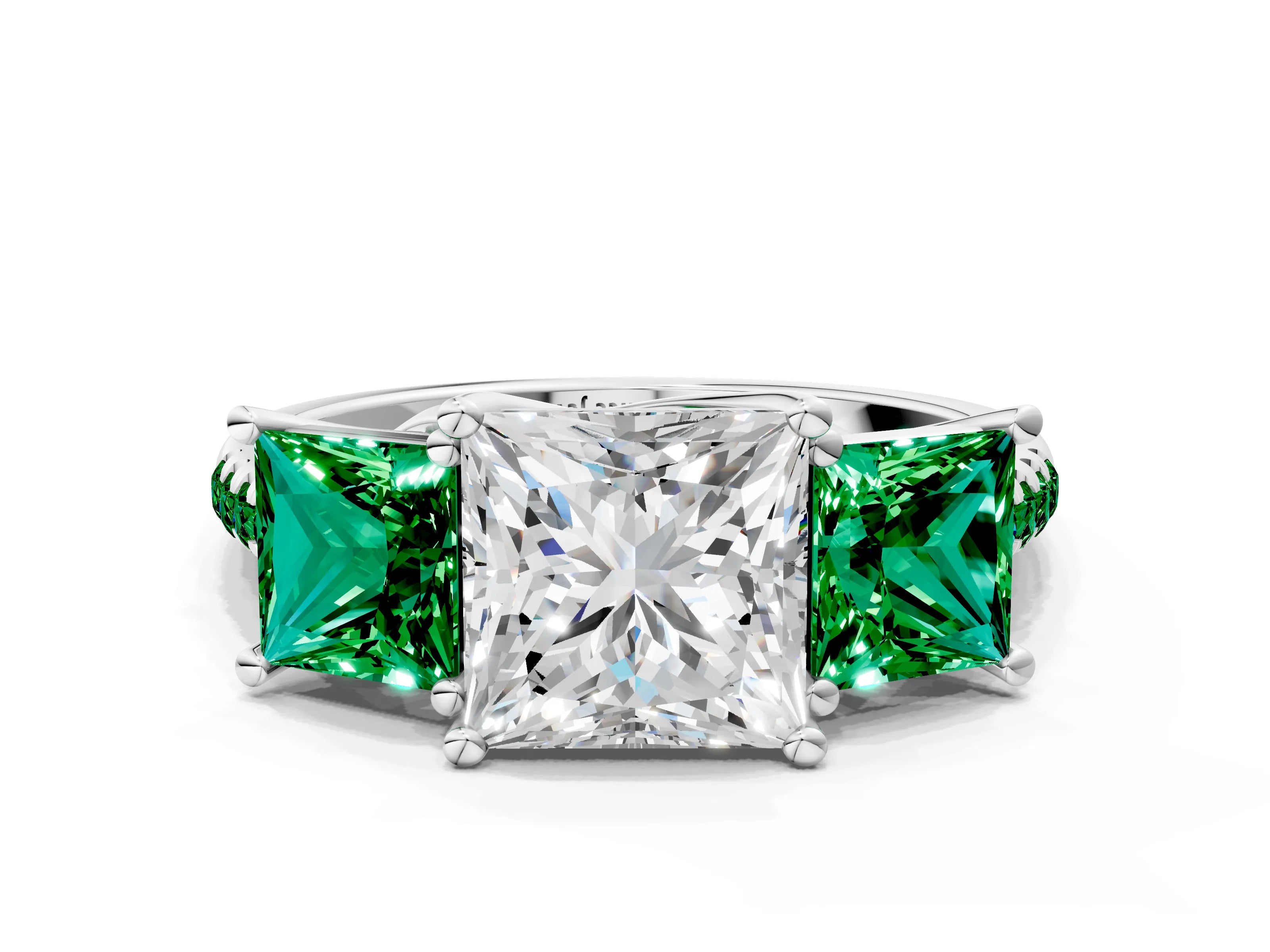 White gold Three-Stone Princess Cut Diamond Ring with Round with Emerald side stone Pavé Band and Prong Setting